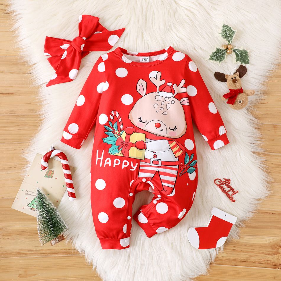 Christmas 2pcs Baby Girl Reindeer Graphic Polka Dot Print Red Long-sleeve Jumpsuit with Headband Set Red