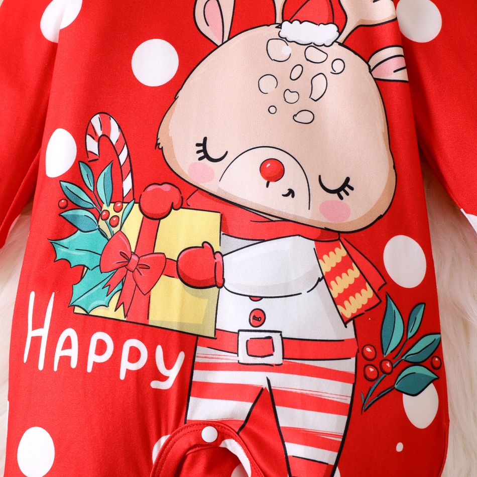 Christmas 2pcs Baby Girl Reindeer Graphic Polka Dot Print Red Long-sleeve Jumpsuit with Headband Set Red big image 4