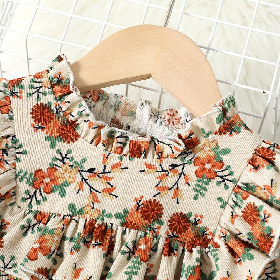 Toddler Girl Floral Print Ruffle Collar Long-sleeve Dress Apricot big image 3