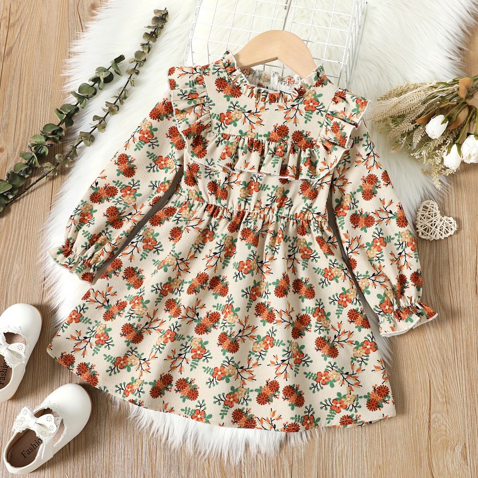 Toddler Girl Floral Print Ruffle Collar Long-sleeve Dress Apricot big image 1