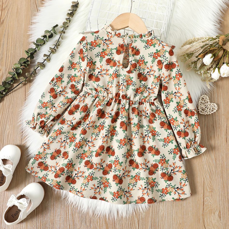 Toddler Girl Floral Print Ruffle Collar Long-sleeve Dress Apricot big image 2