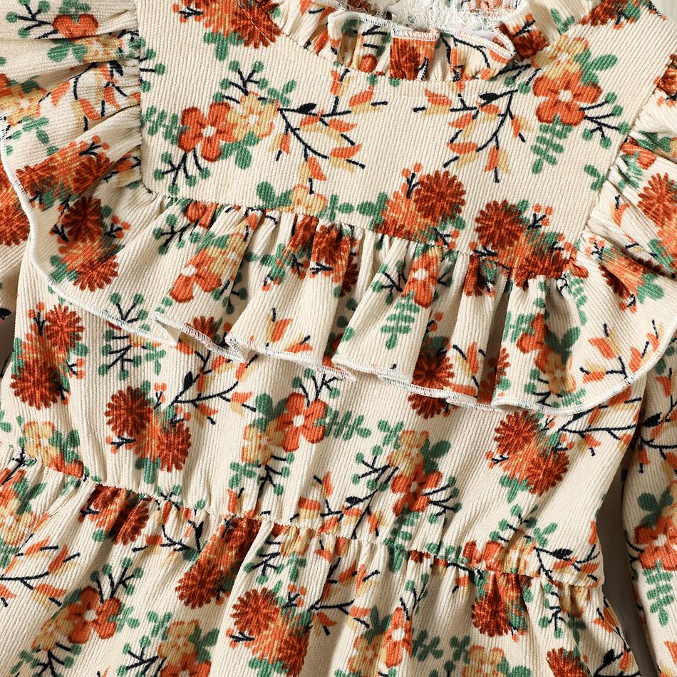 Toddler Girl Floral Print Ruffle Collar Long-sleeve Dress Apricot big image 4