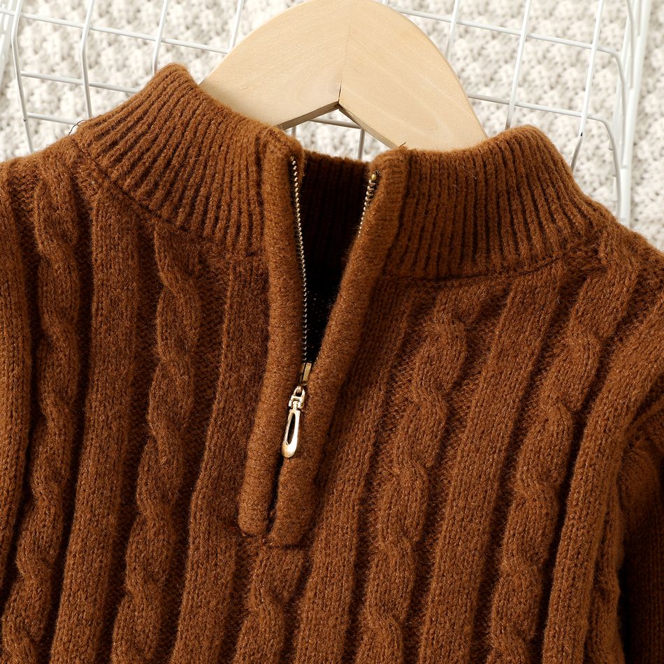 kid Boy Zipper Design Brown Textured Knit Sweater Caramel big image 3