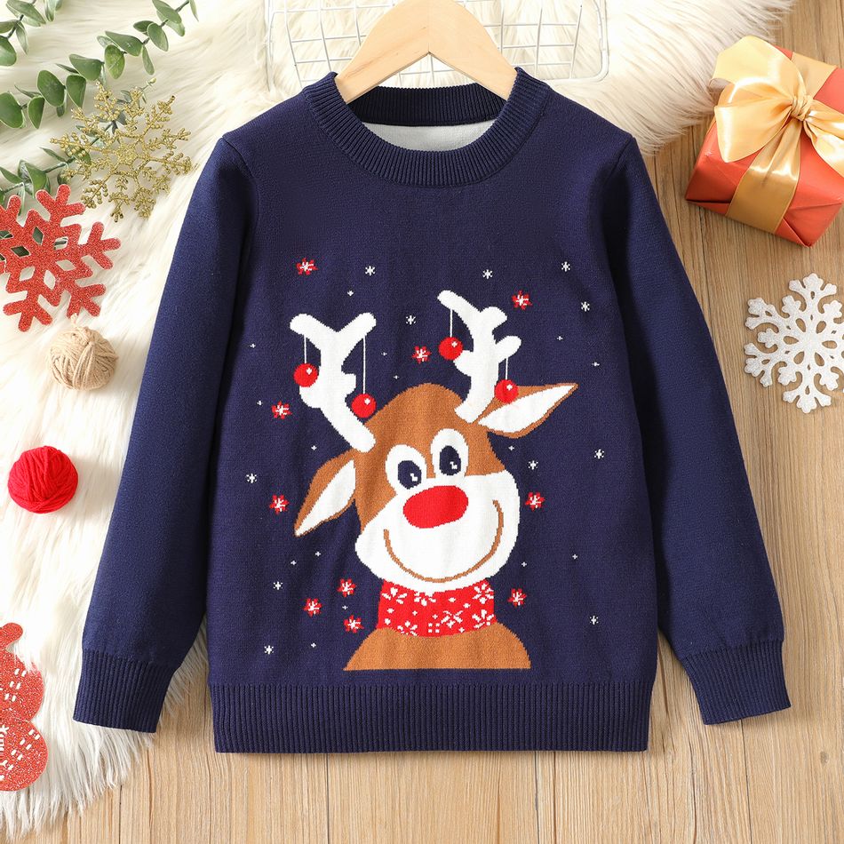 Kid Boy Christmas Deer Pattern Knit Sweater Dark Blue