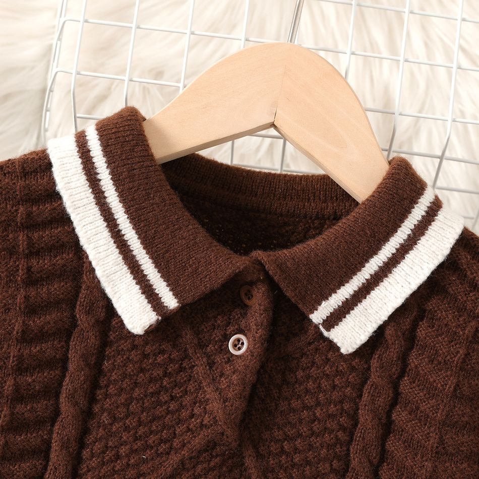 Kid Boy Preppy style Lapel Collar Textured Knit Sweater Coffee big image 3