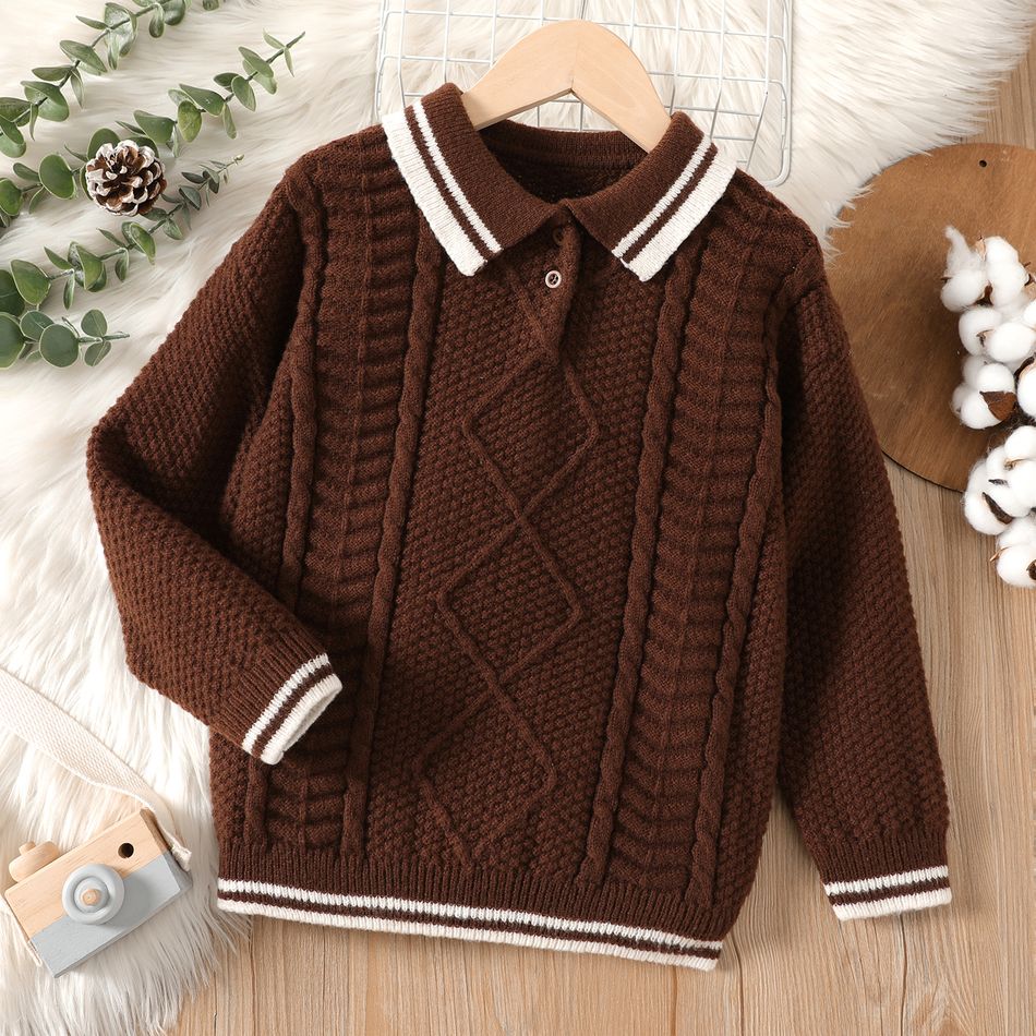Kid Boy Preppy style Lapel Collar Textured Knit Sweater Coffee