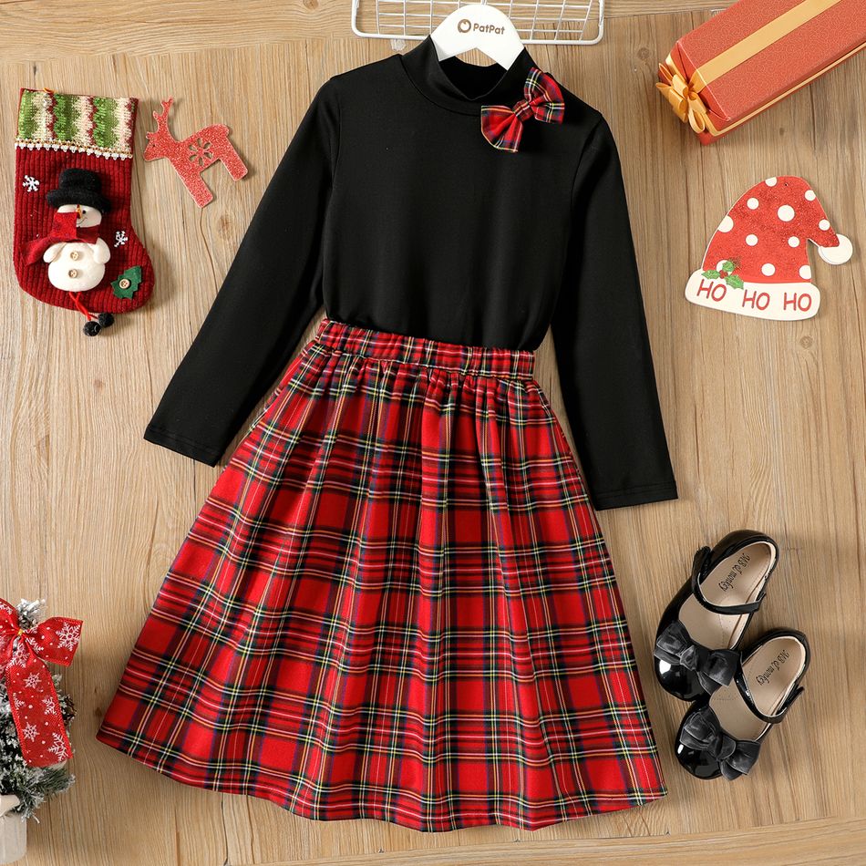 2pcs Kid Girl 3D Bowknot Design Mock Neck Cotton Tee and Plaid Skirt Set Black big image 6