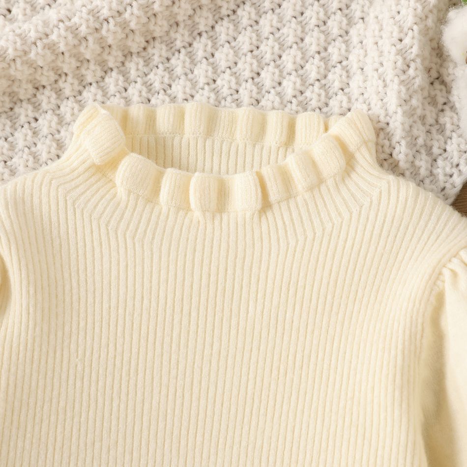 Baby Girl Solid Knitted Frill Mock Neck Puff-sleeve Sweater OffWhite big image 4