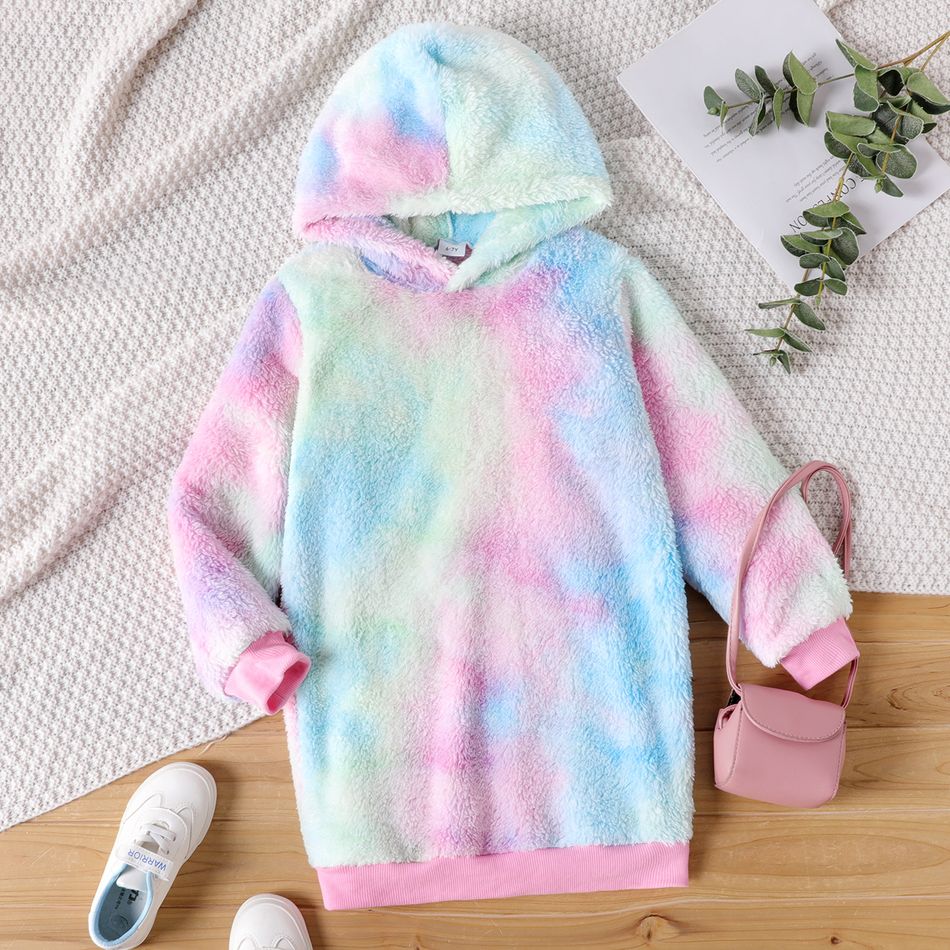 Kid Girl Tie Dyed Fluffy Fleece Hooded Sweatshirt Dress Multi-color
