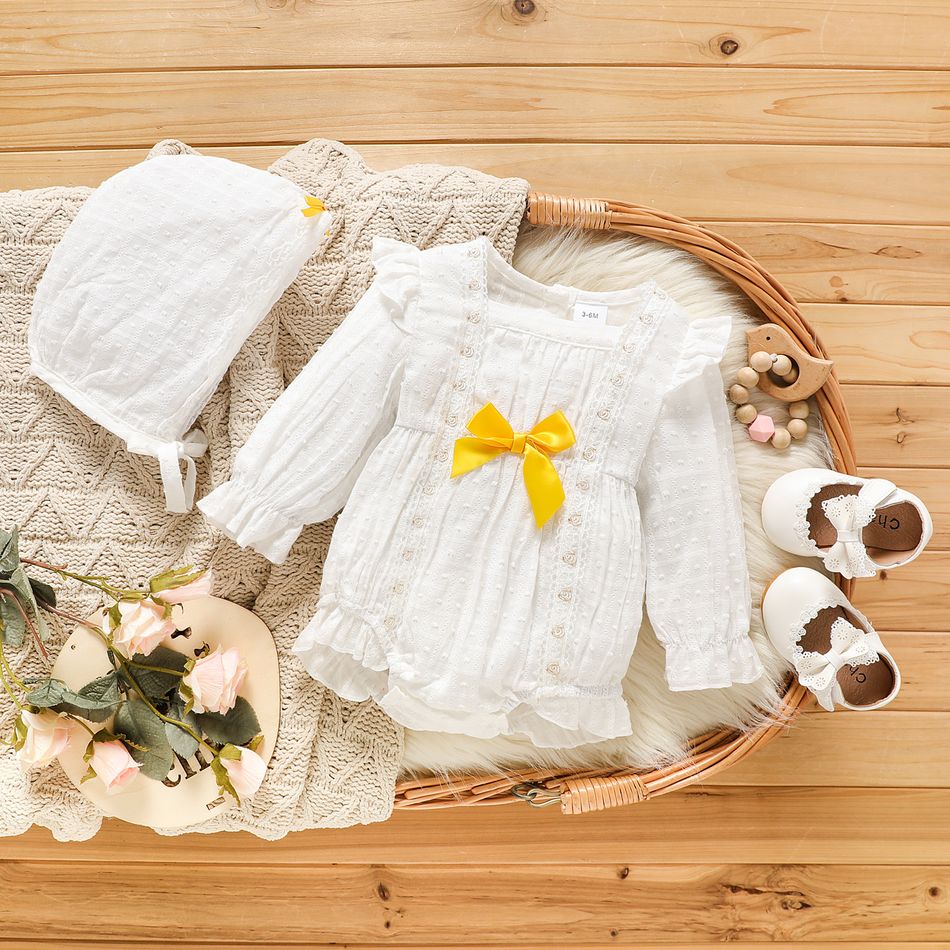 Baby Girl 100% Cotton Solid Lace and Bow Decor Jacquard Dots Long-sleeve White Romper with Hat Set White