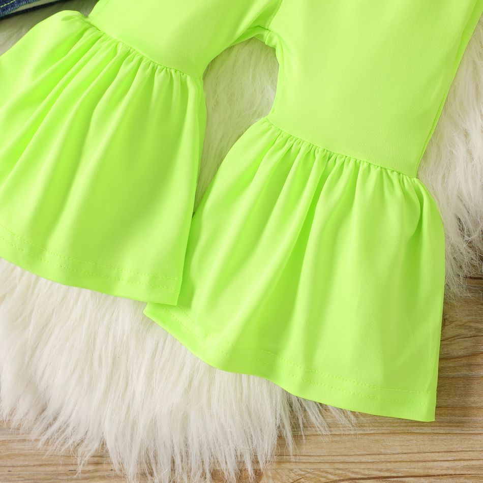 2pcs Baby Girl Long-sleeve Denim Jacket and Fluorescent Color Halter Bell Bottom Jumpsuit Set Green big image 4