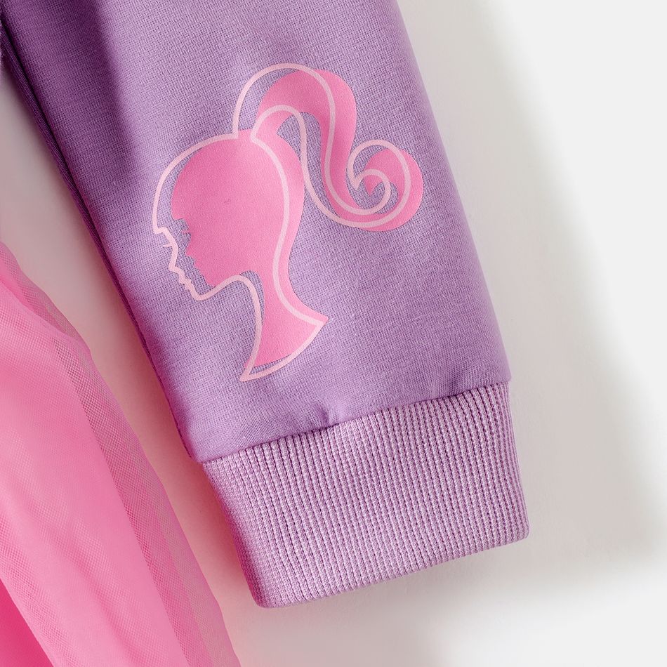 Barbie Kid Girl Letter Print Mesh Splice Long-sleeve Cotton Hooded Dress pinkpurple