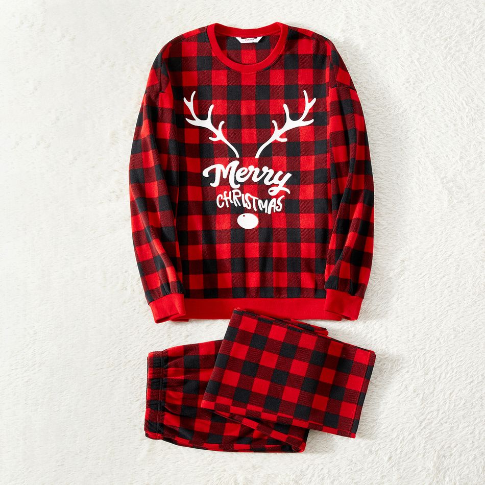 Christmas Family Matching Antler & Letter Embroidered Red Plaid Thickened Polar Fleece Long-sleeve Pajamas Sets (Flame Resistant) redblack big image 2