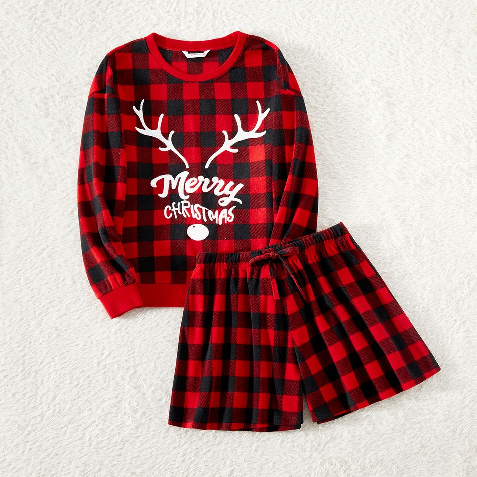 Christmas Family Matching Antler & Letter Embroidered Red Plaid Thickened Polar Fleece Long-sleeve Pajamas Sets (Flame Resistant) redblack big image 8