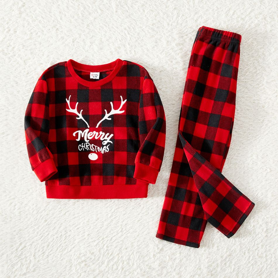 Christmas Family Matching Antler & Letter Embroidered Red Plaid Thickened Polar Fleece Long-sleeve Pajamas Sets (Flame Resistant) redblack big image 10