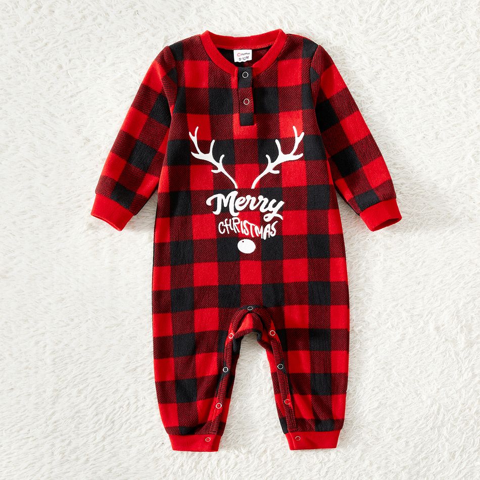 Christmas Family Matching Antler & Letter Embroidered Red Plaid Thickened Polar Fleece Long-sleeve Pajamas Sets (Flame Resistant) redblack big image 12