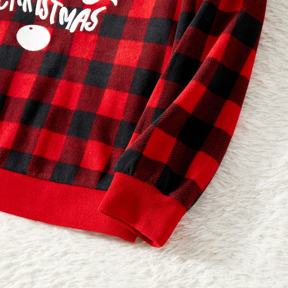 Christmas Family Matching Antler & Letter Embroidered Red Plaid Thickened Polar Fleece Long-sleeve Pajamas Sets (Flame Resistant) redblack big image 5