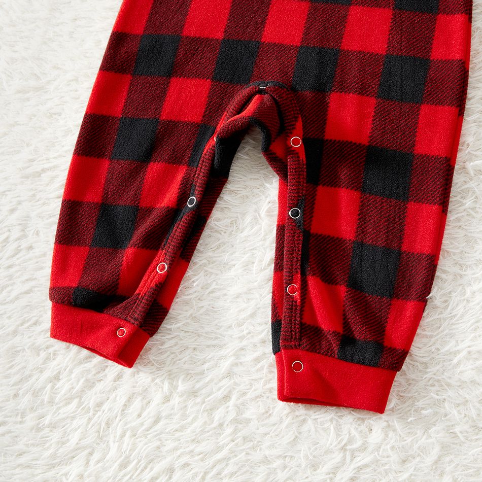 Christmas Family Matching Antler & Letter Embroidered Red Plaid Thickened Polar Fleece Long-sleeve Pajamas Sets (Flame Resistant) redblack