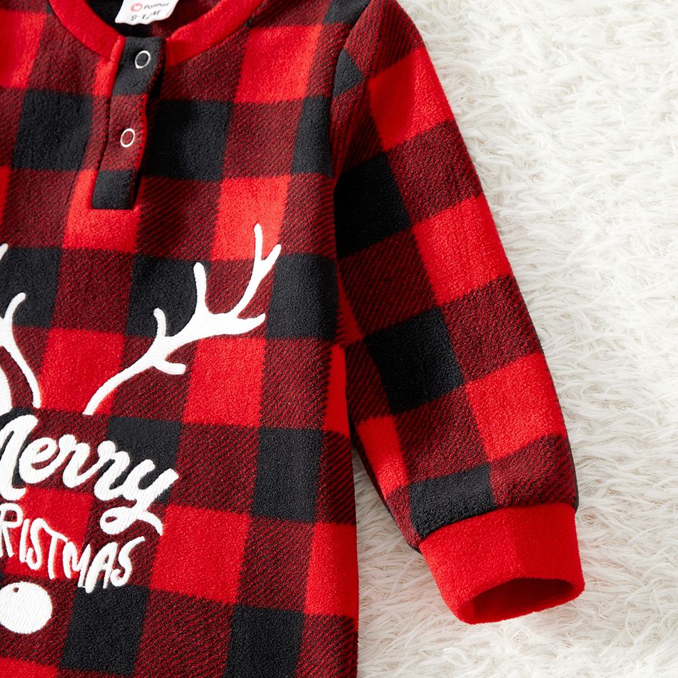 Christmas Family Matching Antler & Letter Embroidered Red Plaid Thickened Polar Fleece Long-sleeve Pajamas Sets (Flame Resistant) redblack big image 14