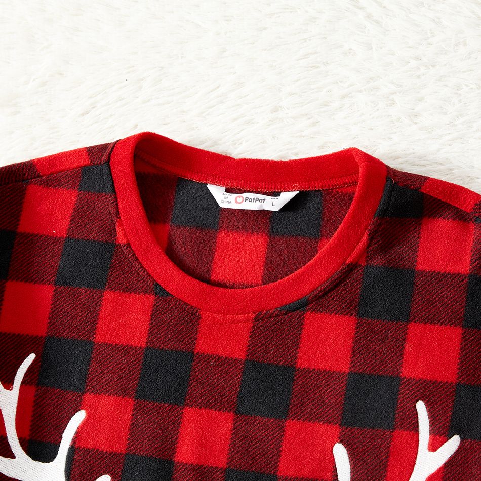 Christmas Family Matching Antler & Letter Embroidered Red Plaid Thickened Polar Fleece Long-sleeve Pajamas Sets (Flame Resistant) redblack big image 3