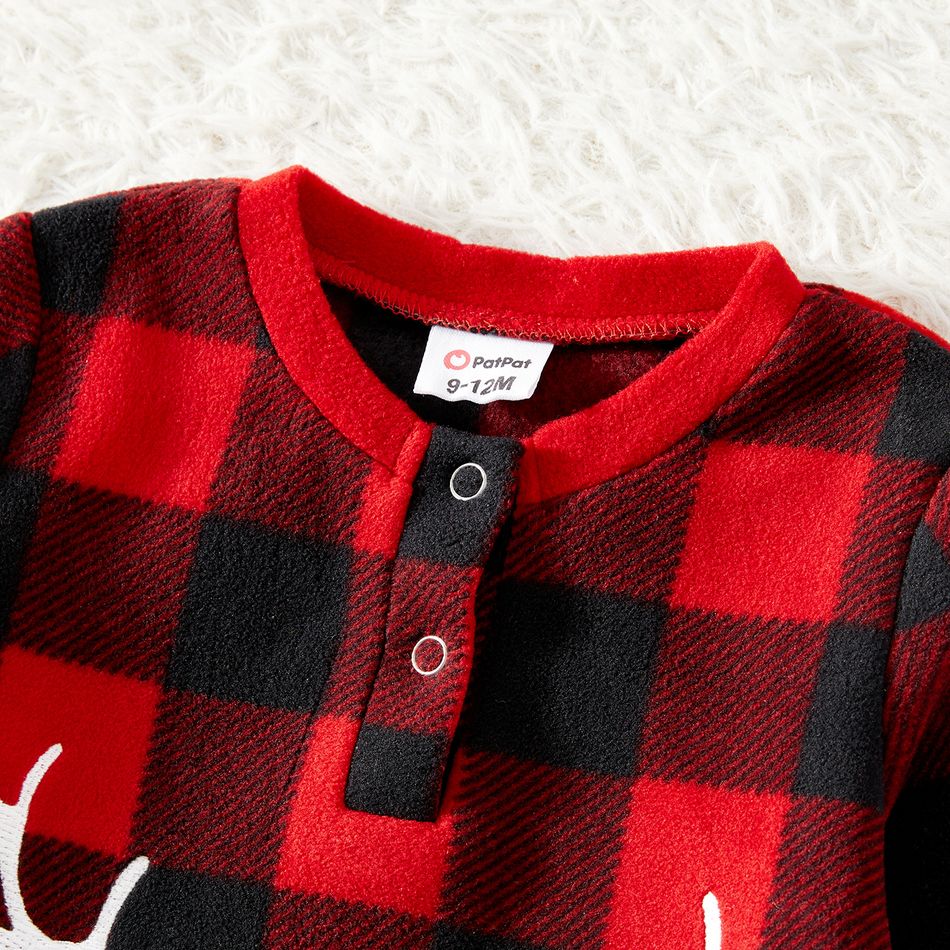 Christmas Family Matching Antler & Letter Embroidered Red Plaid Thickened Polar Fleece Long-sleeve Pajamas Sets (Flame Resistant) redblack big image 13