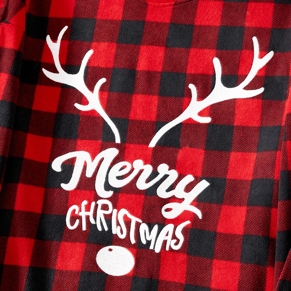 Christmas Family Matching Antler & Letter Embroidered Red Plaid Thickened Polar Fleece Long-sleeve Pajamas Sets (Flame Resistant) redblack big image 9