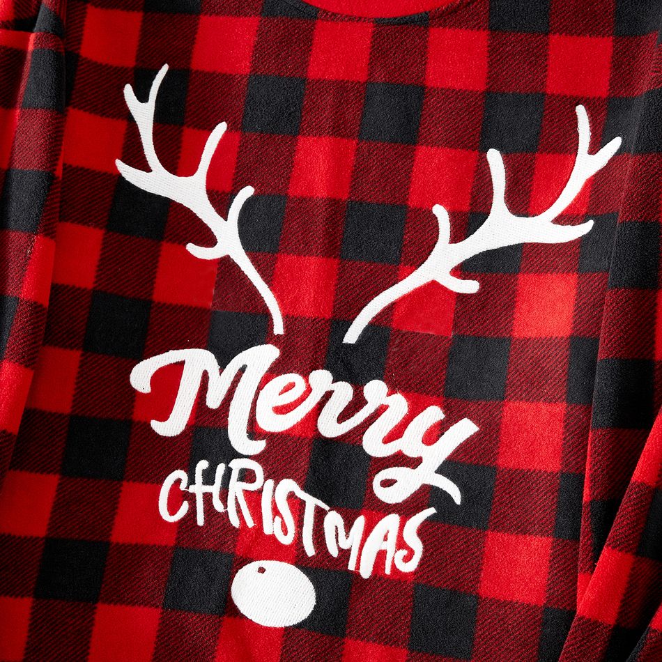 Christmas Family Matching Antler & Letter Embroidered Red Plaid Thickened Polar Fleece Long-sleeve Pajamas Sets (Flame Resistant) redblack big image 4
