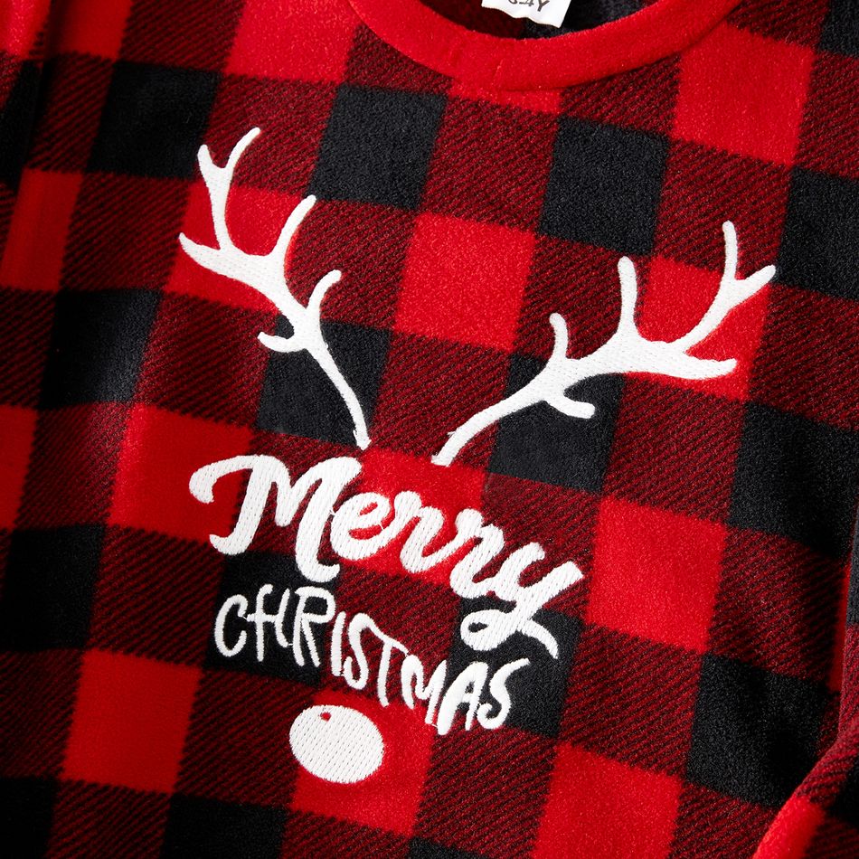 Christmas Family Matching Antler & Letter Embroidered Red Plaid Thickened Polar Fleece Long-sleeve Pajamas Sets (Flame Resistant) redblack big image 11