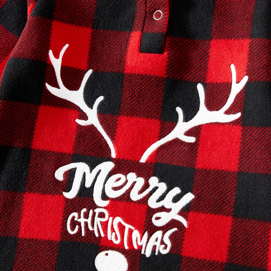 Christmas Family Matching Antler & Letter Embroidered Red Plaid Thickened Polar Fleece Long-sleeve Pajamas Sets (Flame Resistant) redblack big image 15