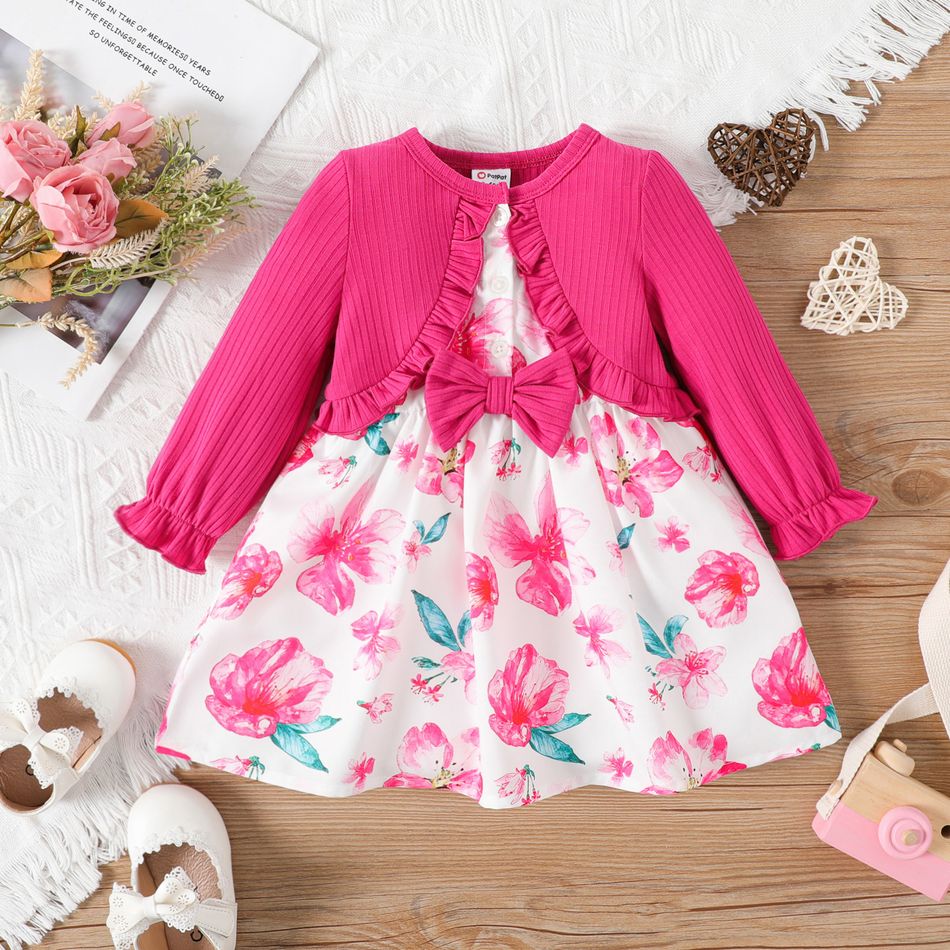 Baby Girl Solid Rib Knit Ruffle Trim Bow Front Long-sleeve Faux-two Floral Print Dress Roseo big image 1