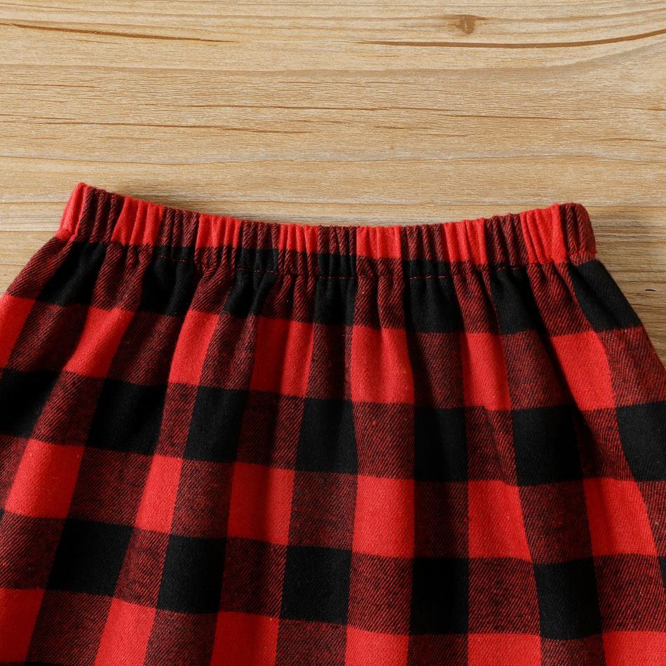 2pcs Baby Girl Bow Front Puff-sleeve Split Hem Sweatshirt and Plaid Skirt Set redblack big image 5