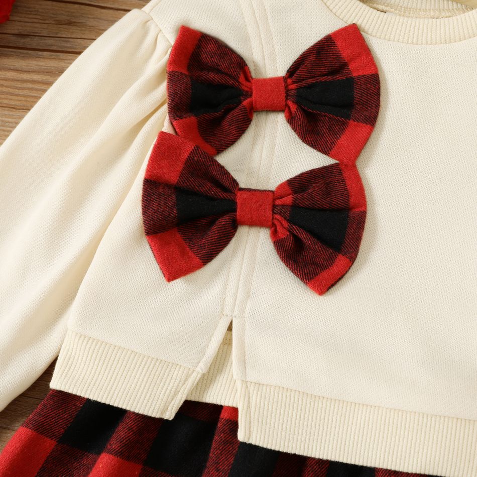 2pcs Baby Girl Bow Front Puff-sleeve Split Hem Sweatshirt and Plaid Skirt Set redblack big image 4
