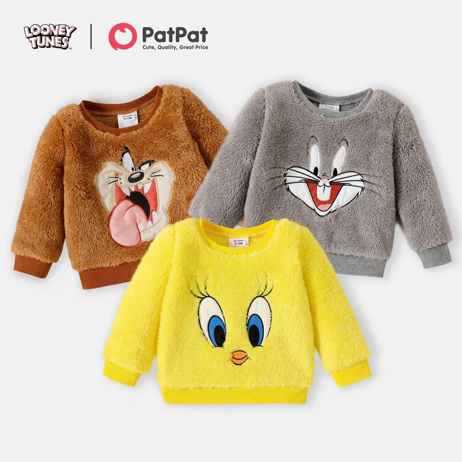 Looney Tunes Baby Boy/Girl Cartoon Animal Embroidered Long-sleeve Thermal Fuzzy Pullover Brown big image 6
