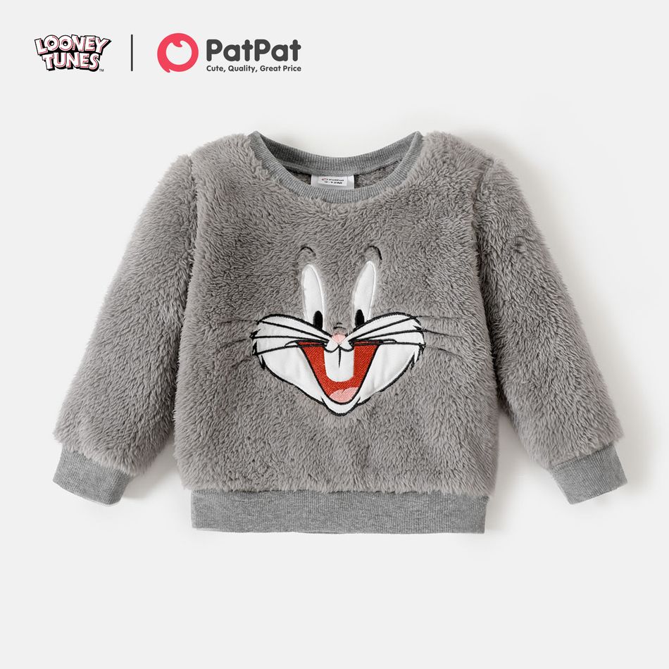 Looney Tunes Baby Boy/Girl Cartoon Animal Embroidered Long-sleeve Thermal Fuzzy Pullover Grey