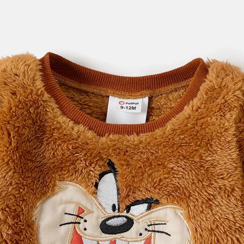 Looney Tunes Baby Boy/Girl Cartoon Animal Embroidered Long-sleeve Thermal Fuzzy Pullover Brown big image 3