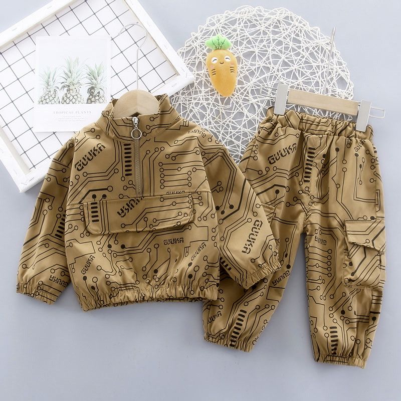 2-piece Toddler Boy Allover Geometric Print Stand Collar Zipper Sweatshirt and Elasticized Cargo Pants with Pocket Set Khaki big image 1