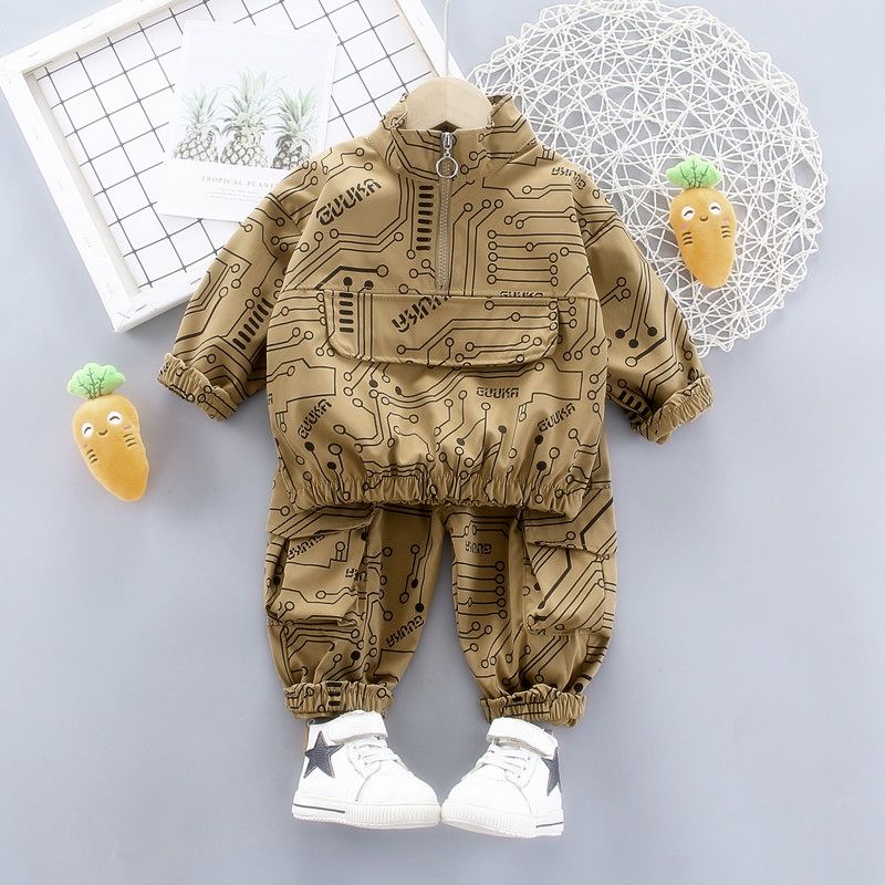 2-piece Toddler Boy Allover Geometric Print Stand Collar Zipper Sweatshirt and Elasticized Cargo Pants with Pocket Set Khaki big image 2