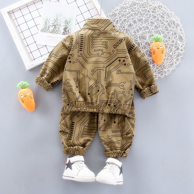 2-piece Toddler Boy Allover Geometric Print Stand Collar Zipper Sweatshirt and Elasticized Cargo Pants with Pocket Set Khaki big image 3