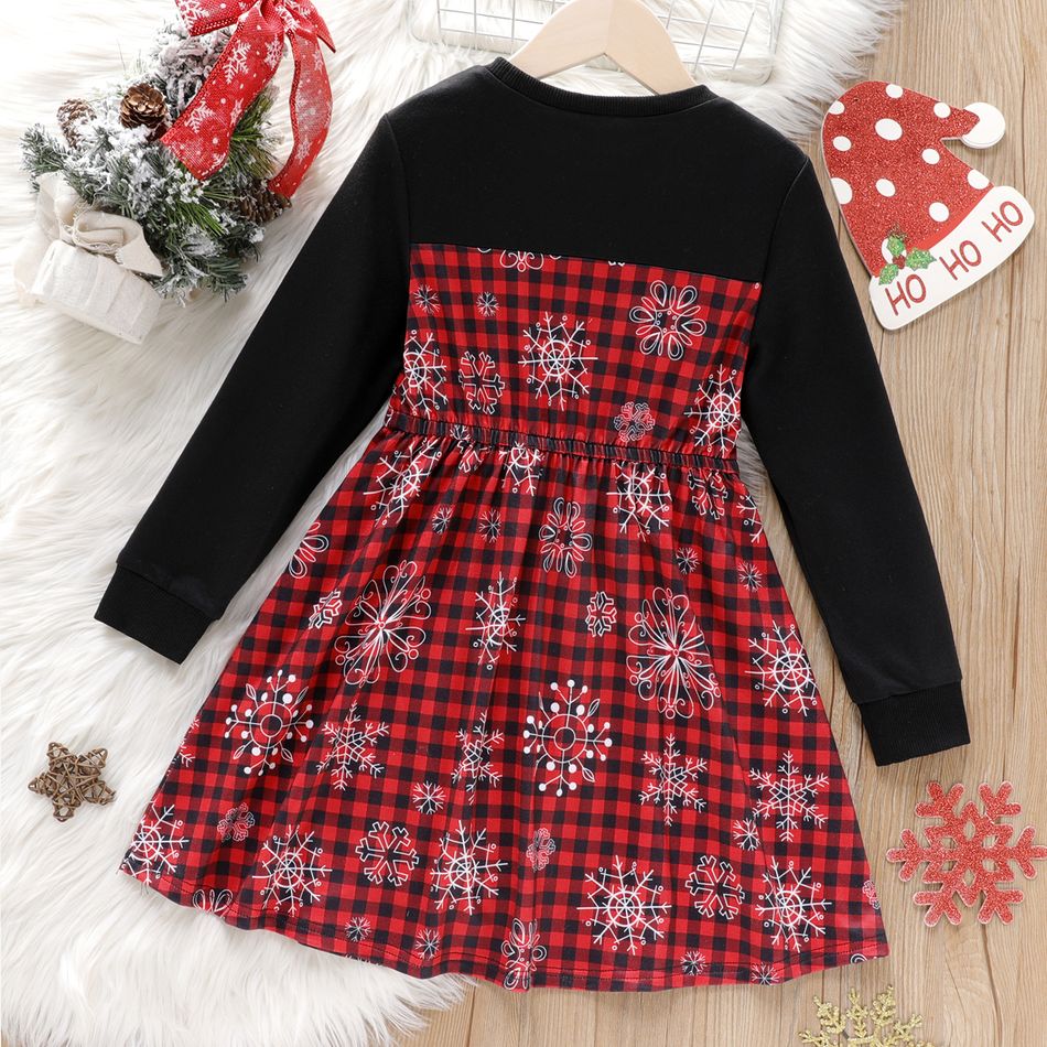 Natal Criança Menina Costuras de tecido Padrão de Natal Vestidos vermelho preto