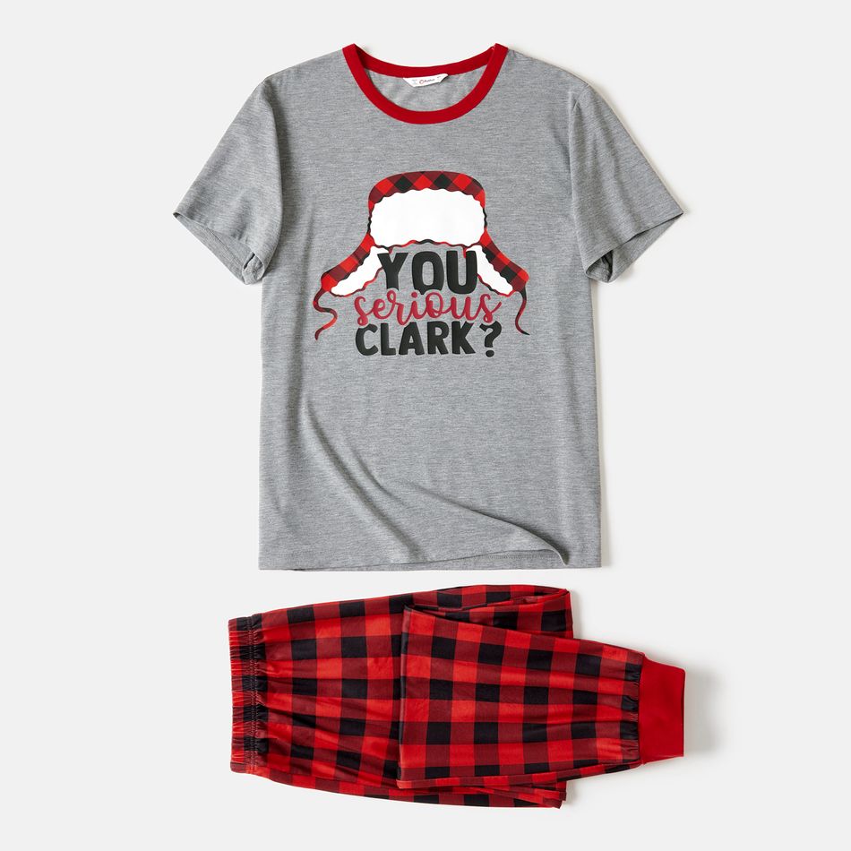 Christmas Family Matching Short-sleeve Hat & Letter Print Red Plaid Pajamas Sets (Flame Resistant) ColorBlock big image 2