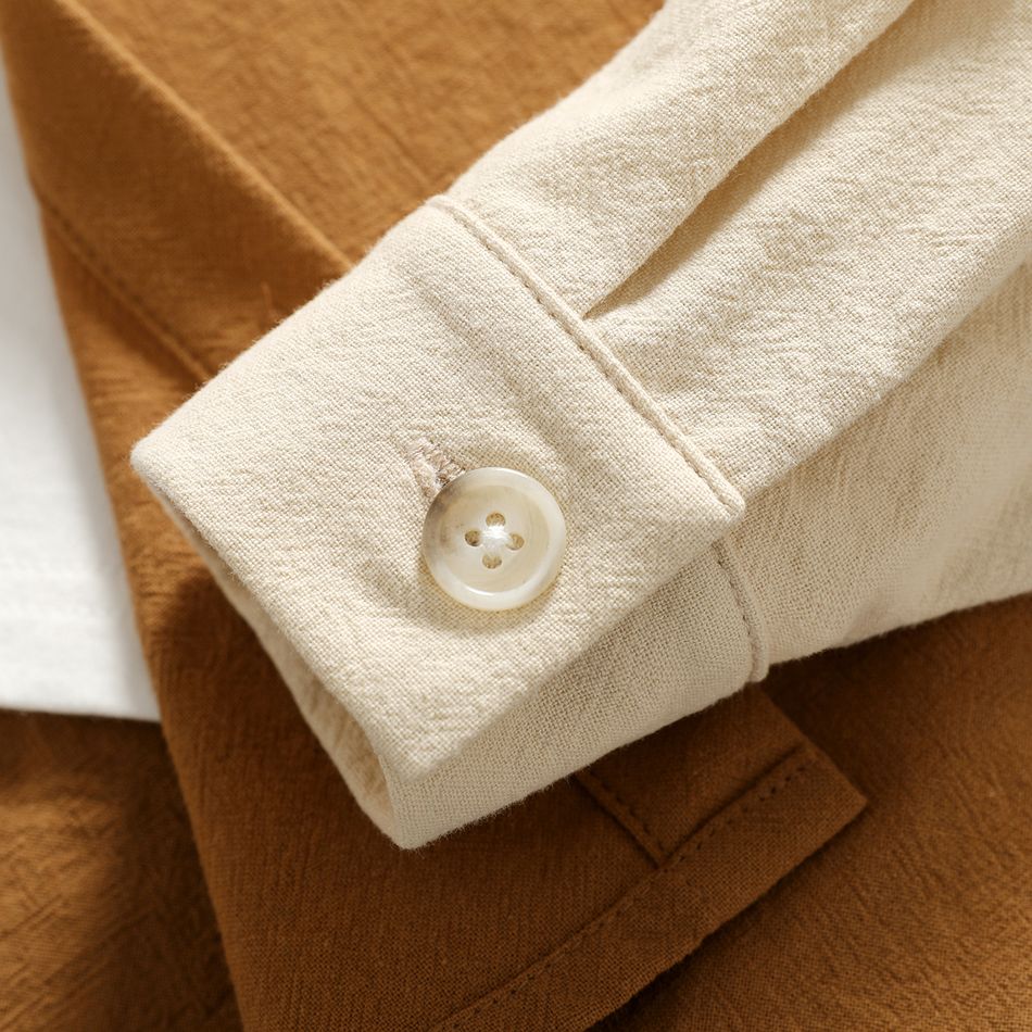 Kid Boy 100% Cotton Letter Print Colorblock Lapel Collar Long-sleeve Shirt Apricot brown big image 4