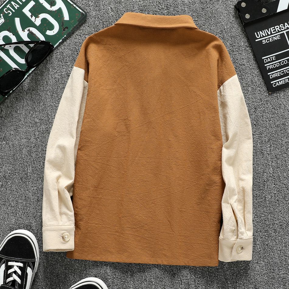Kid Boy 100% Cotton Letter Print Colorblock Lapel Collar Long-sleeve Shirt Apricot brown big image 2