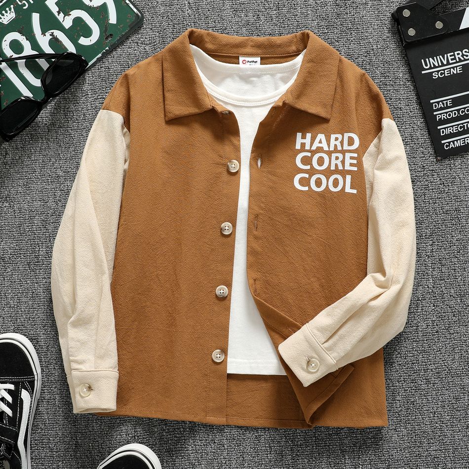 Kid Boy 100% Cotton Letter Print Colorblock Lapel Collar Long-sleeve Shirt Apricot brown