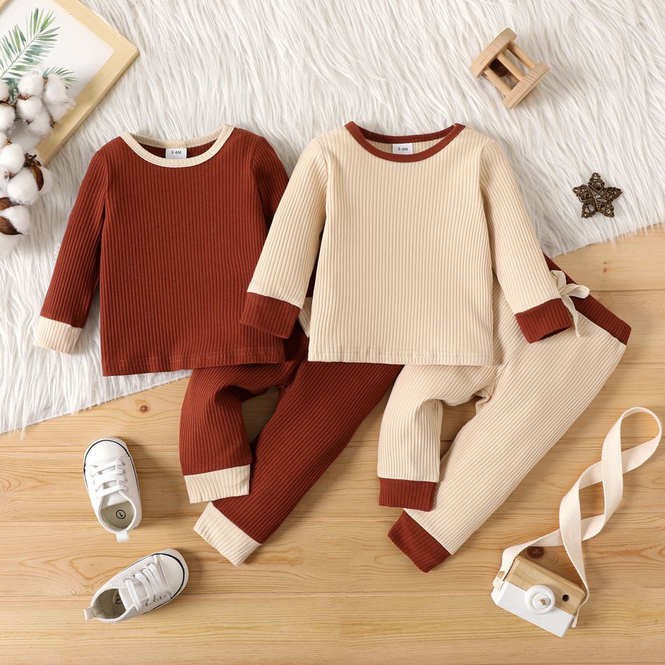 2pcs Baby Boy/Girl Contrast Binding Rib Knit Long-sleeve Pullover and Pants Set Apricot