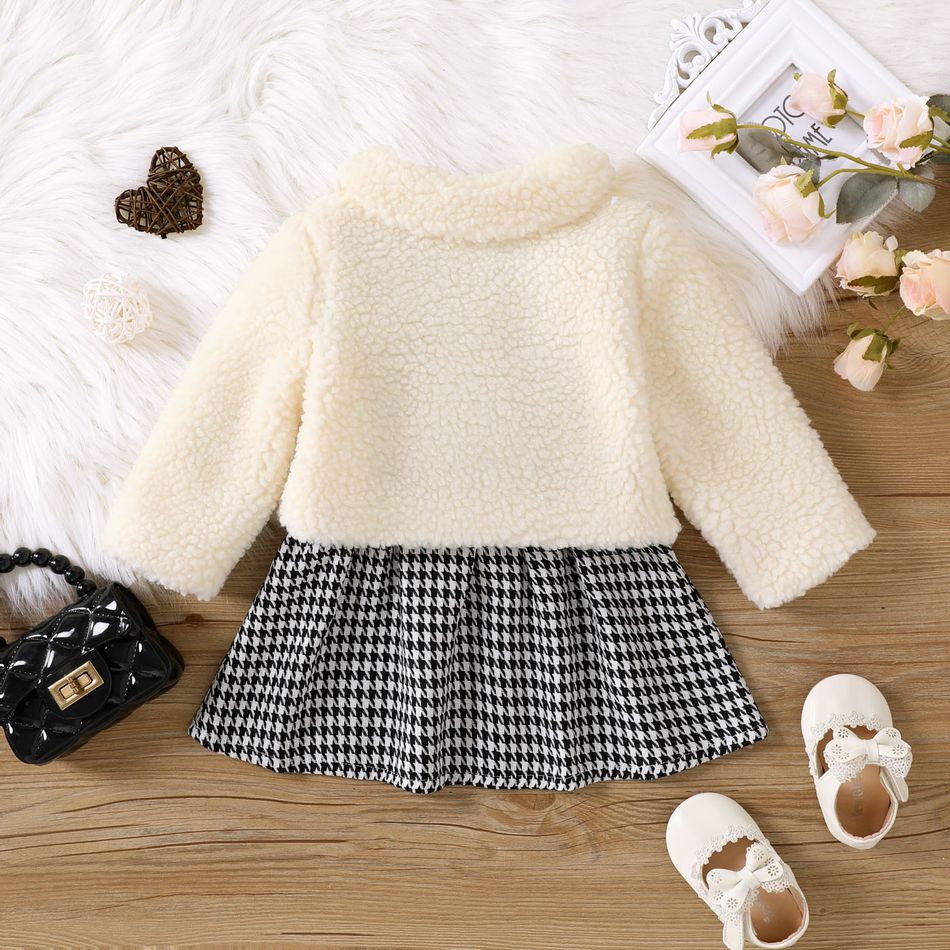 2pcs Baby Girl Houndstooth Tank Dress and Thermal Fuzzy Coat Set ColorBlock big image 3