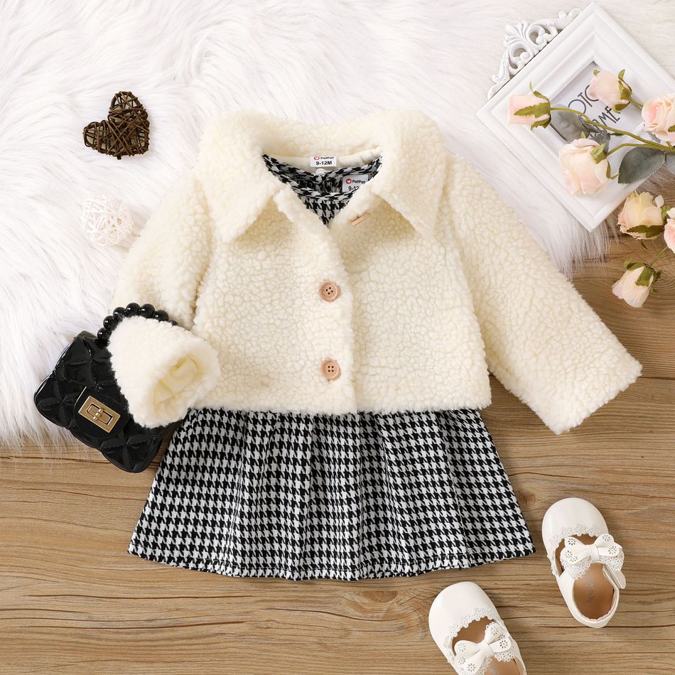 2pcs Baby Girl Houndstooth Tank Dress and Thermal Fuzzy Coat Set ColorBlock big image 2