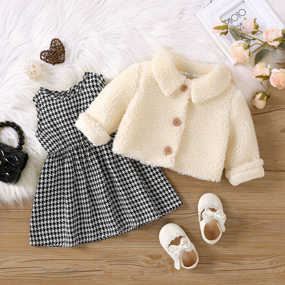 2pcs Baby Girl Houndstooth Tank Dress and Thermal Fuzzy Coat Set ColorBlock big image 1