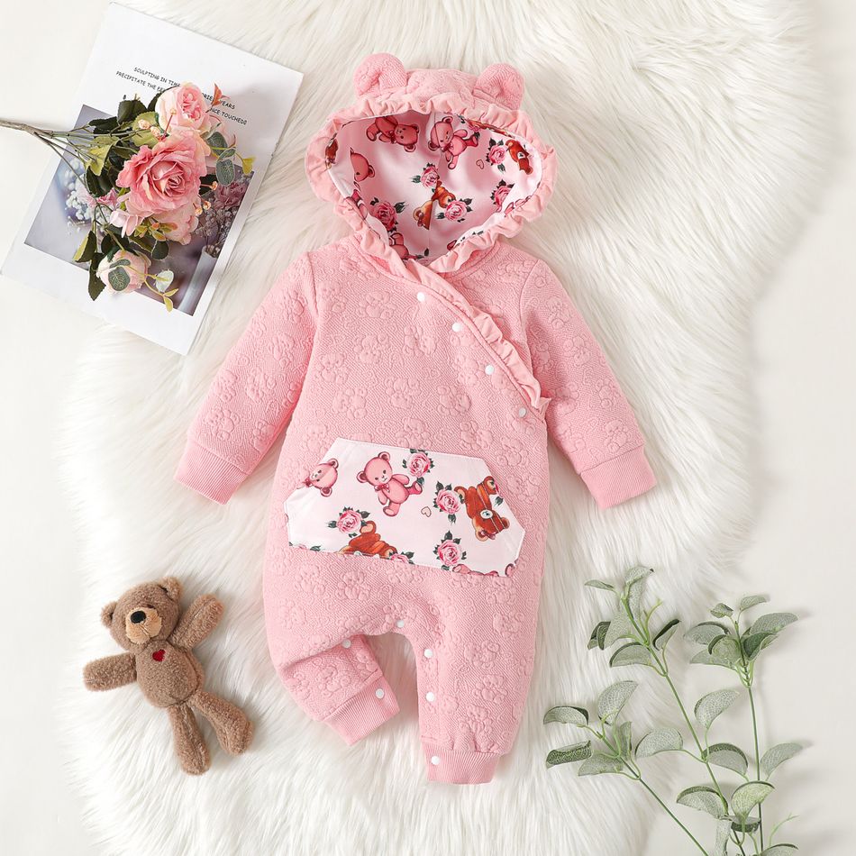 Baby Girl Allover Bear Print Lined Hooded Long-sleeve Frill Textured Jumpsuit Light Pink big image 1