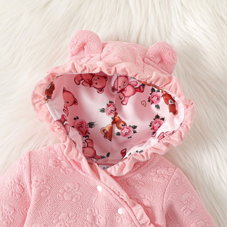 Baby Girl Allover Bear Print Lined Hooded Long-sleeve Frill Textured Jumpsuit Light Pink big image 3