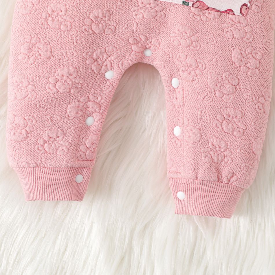 Baby Girl Allover Bear Print Lined Hooded Long-sleeve Frill Textured Jumpsuit Light Pink big image 5